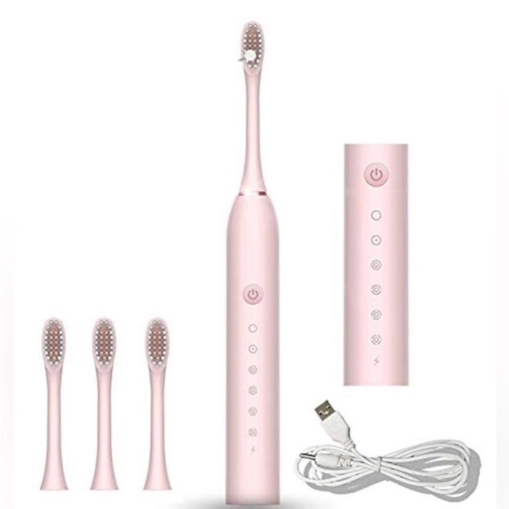 Sonic Rechargeable Electric Toothbrush 6 Modes IPX7 4 Replacement Heads Pink NIB